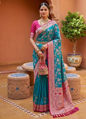 indian teal green heavy zari weaving work banarasi silk blend saree 1