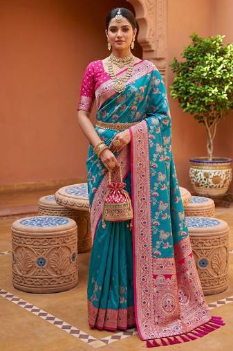 indian teal green heavy zari weaving work banarasi silk blend saree
