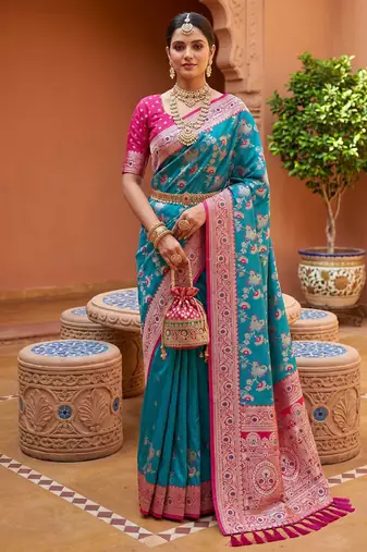 indian teal green heavy zari weaving work banarasi silk blend saree