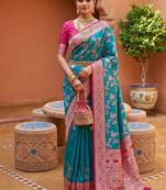 indian teal green heavy zari weaving work banarasi silk blend saree
