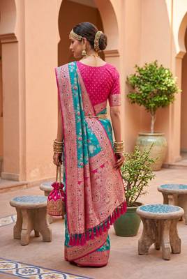 indian teal green heavy zari weaving work banarasi silk blend saree 2