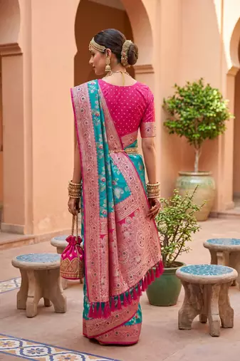 indian teal green heavy zari weaving work banarasi silk blend saree