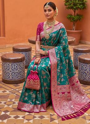 indian teal green heavy zari weaving work banarasi silk blend saree 3
