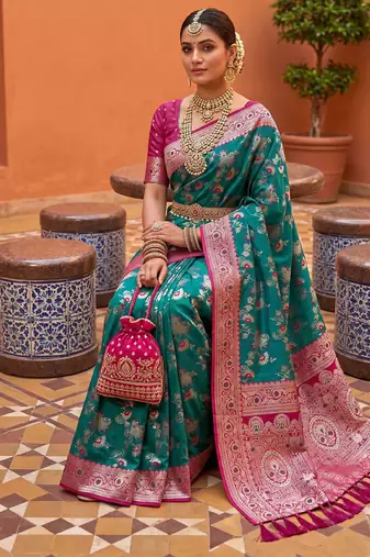 indian teal green heavy zari weaving work banarasi silk blend saree