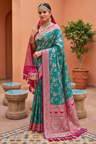 indian teal green heavy zari weaving work banarasi silk blend saree