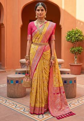 indian yellow heavy zari weaving work banarasi silk blend saree 1