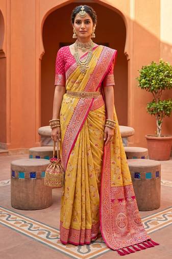 indian yellow heavy zari weaving work banarasi silk blend saree