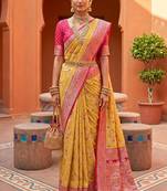 indian yellow heavy zari weaving work banarasi silk blend saree