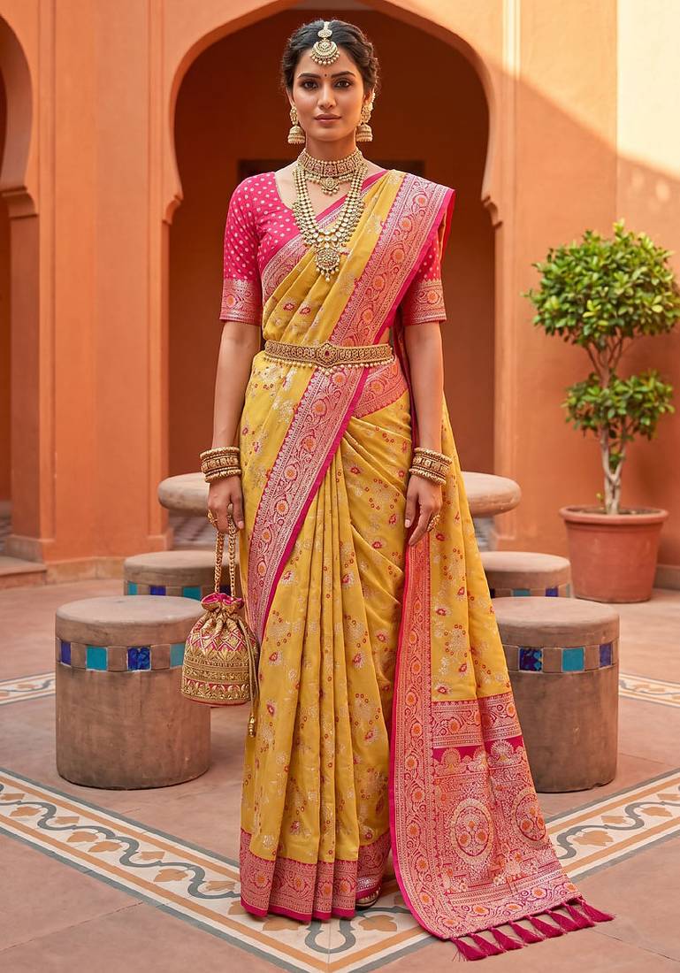 indian yellow heavy zari weaving work banarasi silk blend saree