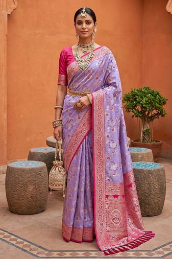 indian lavender heavy zari weaving work banarasi silk blend saree