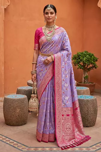 indian lavender heavy zari weaving work banarasi silk blend saree