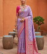indian lavender heavy zari weaving work banarasi silk blend saree