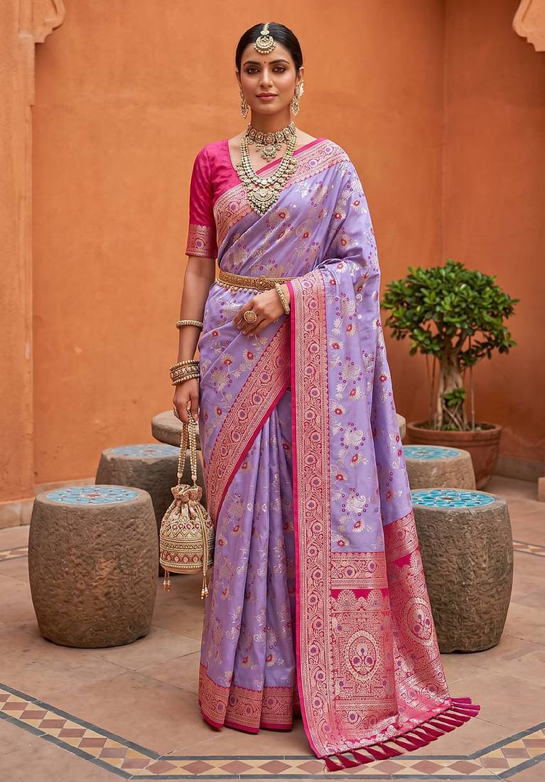 indian lavender heavy zari weaving work banarasi silk blend saree