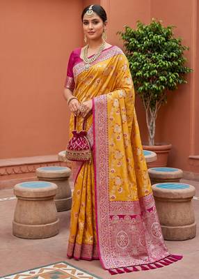 indian yellow heavy zari weaving work banarasi silk blend saree 2