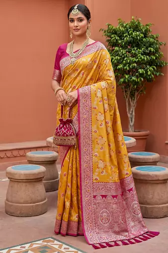 indian yellow heavy zari weaving work banarasi silk blend saree