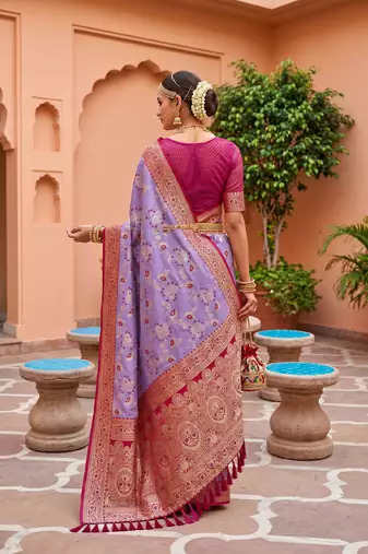 indian lavender heavy zari weaving work banarasi silk blend saree