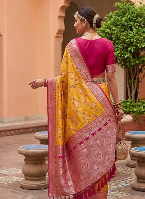 indian yellow heavy zari weaving work banarasi silk blend saree 3