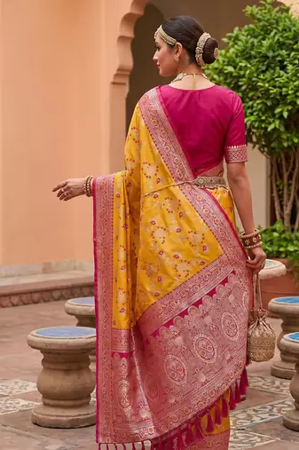 indian yellow heavy zari weaving work banarasi silk blend saree