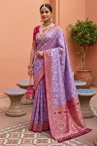 indian lavender heavy zari weaving work banarasi silk blend saree