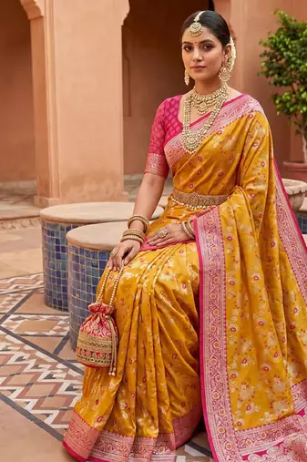 indian yellow heavy zari weaving work banarasi silk blend saree