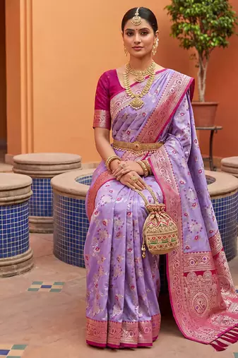 indian lavender heavy zari weaving work banarasi silk blend saree