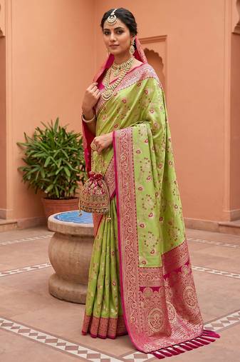 indian green heavy zari weaving work banarasi silk blend saree