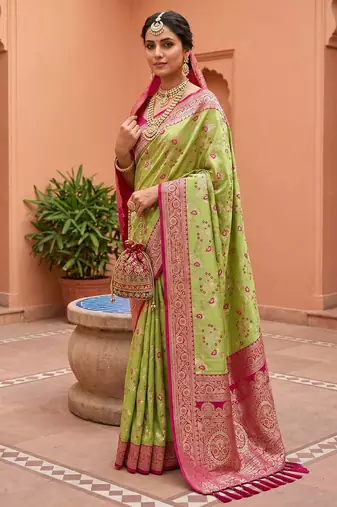 indian green heavy zari weaving work banarasi silk blend saree
