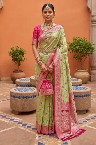 indian green heavy zari weaving work banarasi silk blend saree