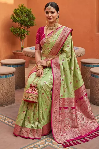 indian green heavy zari weaving work banarasi silk blend saree