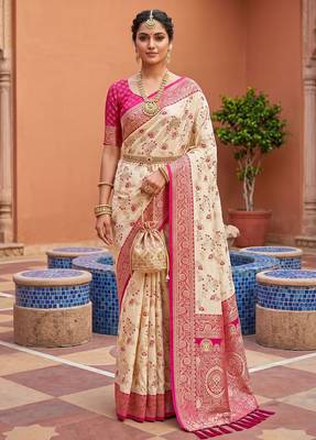 indian cream heavy zari weaving work banarasi silk blend saree 1