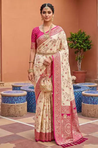indian cream heavy zari weaving work banarasi silk blend saree