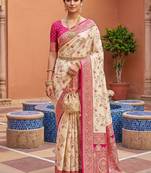 indian cream heavy zari weaving work banarasi silk blend saree