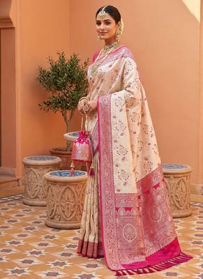 indian cream heavy zari weaving work banarasi silk blend saree 2