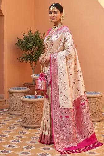indian cream heavy zari weaving work banarasi silk blend saree
