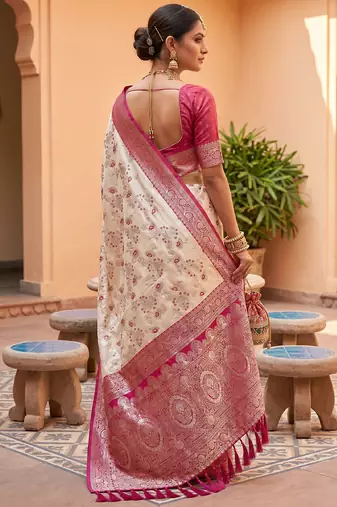 indian cream heavy zari weaving work banarasi silk blend saree