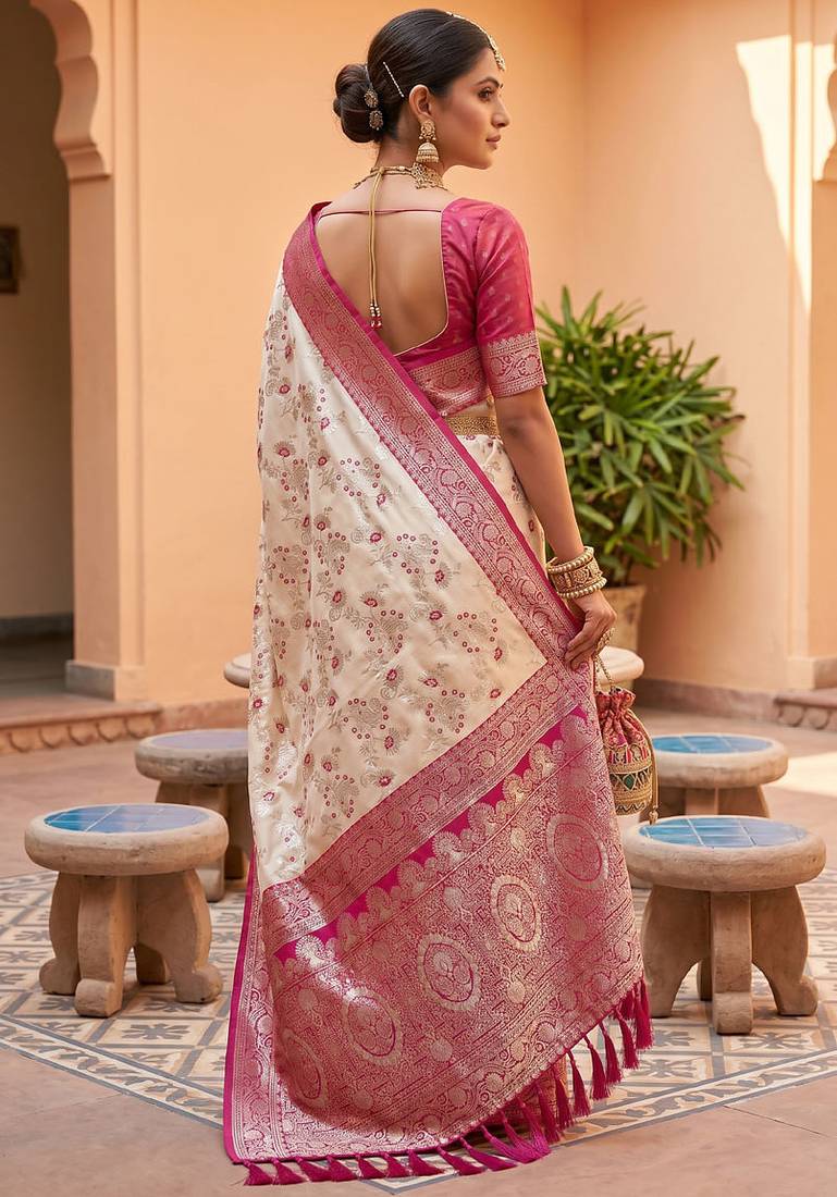 indian cream heavy zari weaving work banarasi silk blend saree
