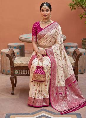 indian cream heavy zari weaving work banarasi silk blend saree 4
