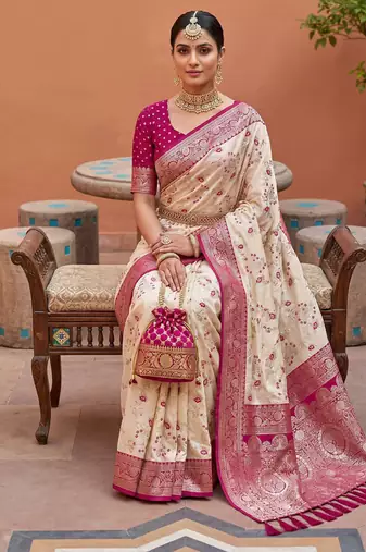 indian cream heavy zari weaving work banarasi silk blend saree