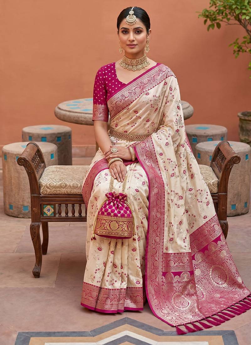 indian cream heavy zari weaving work banarasi silk blend saree