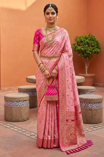 indian peach heavy zari weaving work banarasi silk blend saree