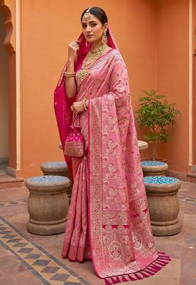 indian peach heavy zari weaving work banarasi silk blend saree 2