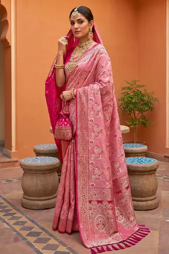 indian peach heavy zari weaving work banarasi silk blend saree