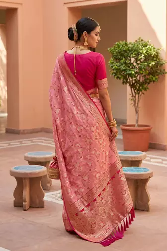 indian peach heavy zari weaving work banarasi silk blend saree