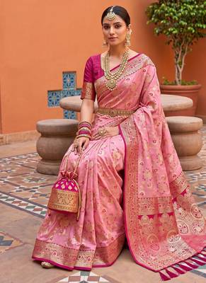 indian peach heavy zari weaving work banarasi silk blend saree 4