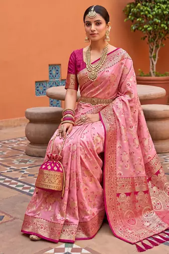 indian peach heavy zari weaving work banarasi silk blend saree