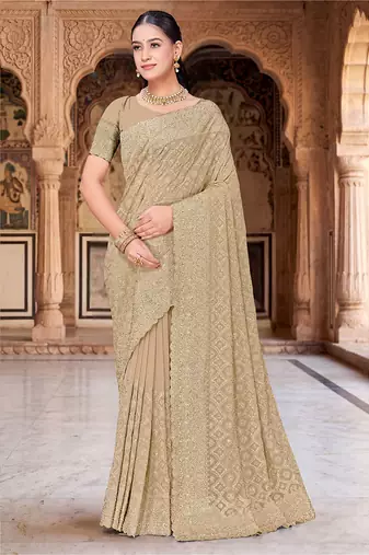 Designer beige heavy zari embroidery work georgette saree