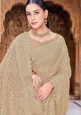 Designer beige heavy zari embroidery work georgette saree 2
