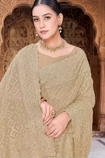 Designer beige heavy zari embroidery work georgette saree