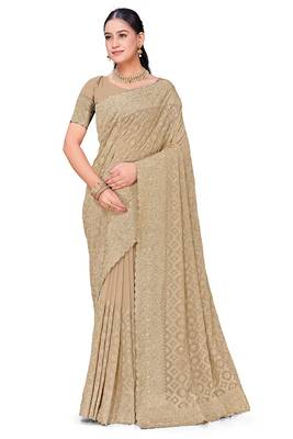 Designer beige heavy zari embroidery work georgette saree 3