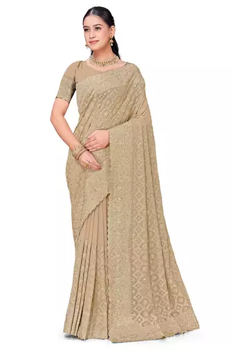 Designer beige heavy zari embroidery work georgette saree